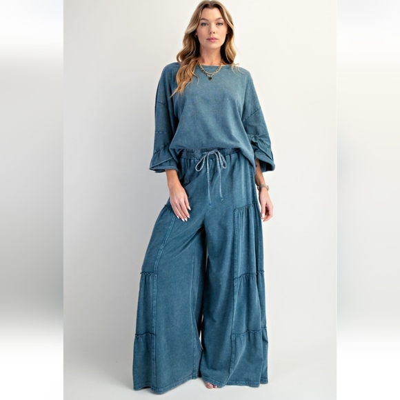 New Easel Teal Blue Mineral Washed Tiered Pants - Picture 3 of 5
